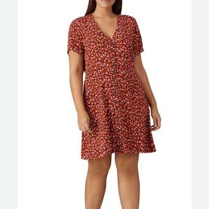 Madewell Red Floral Midi Dress with Short Sleeves